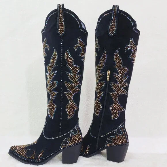 Sparks Country Western Cowgirl Knee Boots Dazzleing Iridescent Rhinestones Black
